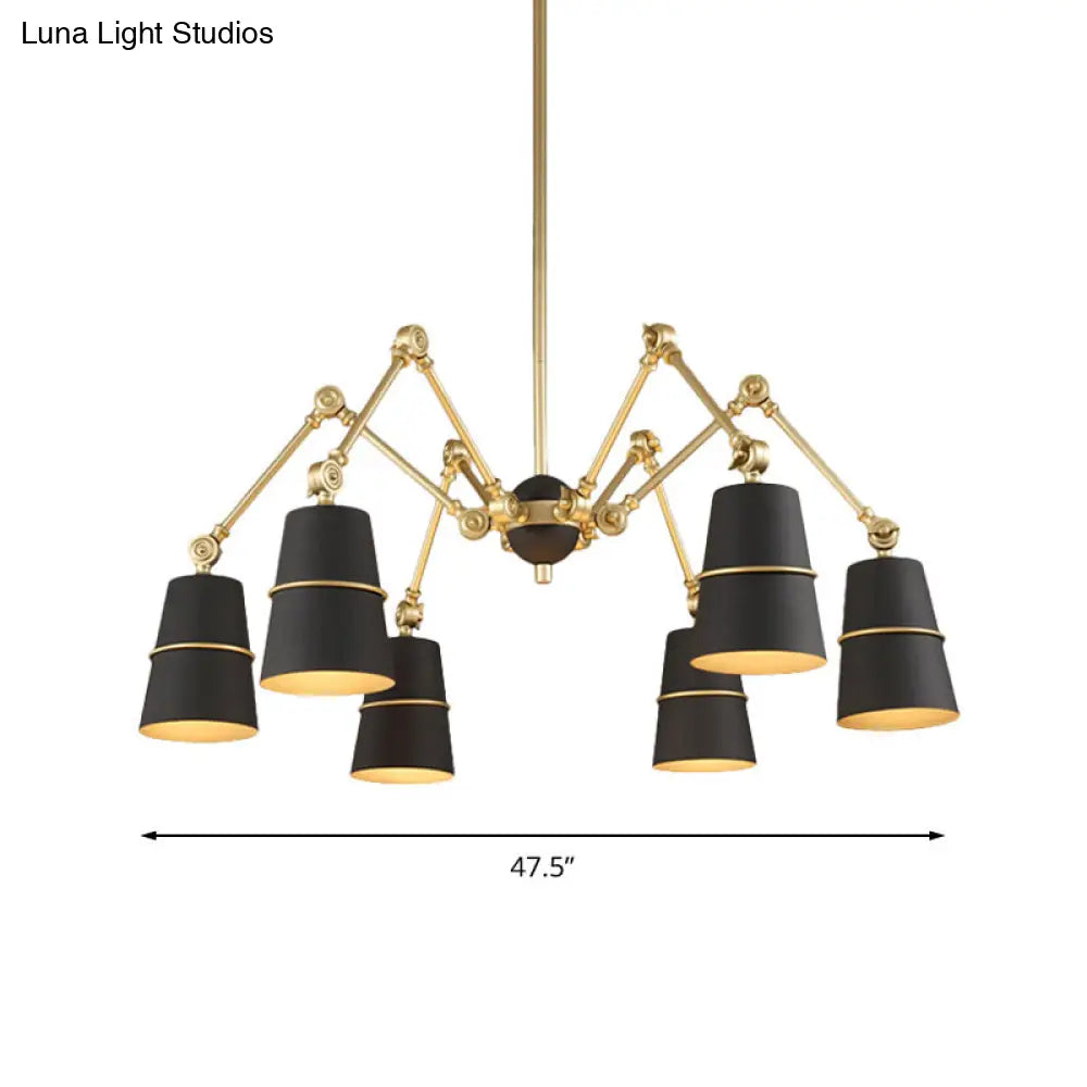 Retro Style 6-Light Spider Chandelier with Cone Shades - Black & Gold Metal Suspension Light