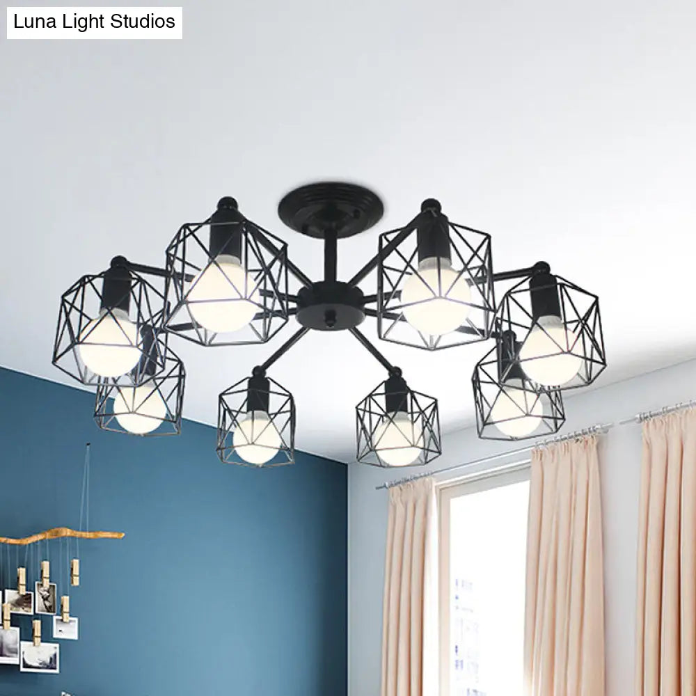 DecorBites™ DecorBites™ Retro Style Black Metal Semi Flush Pendant Light with Global Cage Shade for Living Room - 6/8 Lights Spider Semi Flush Light