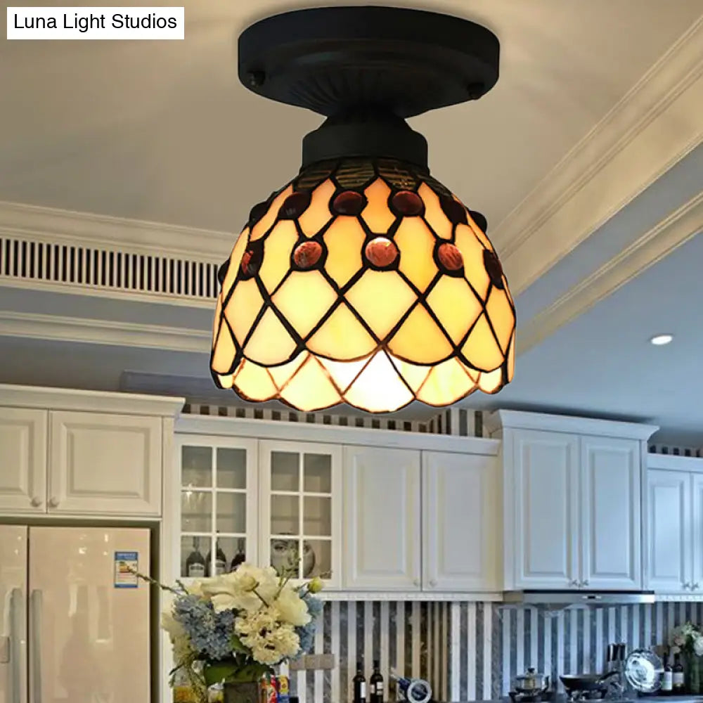 DecorBites™ DecorBites™ Retro-Style Cup Shade Semi Flush Mount Ceiling Light - Purple/Beige Glass Fixture with Jewel Pattern and 1 Light