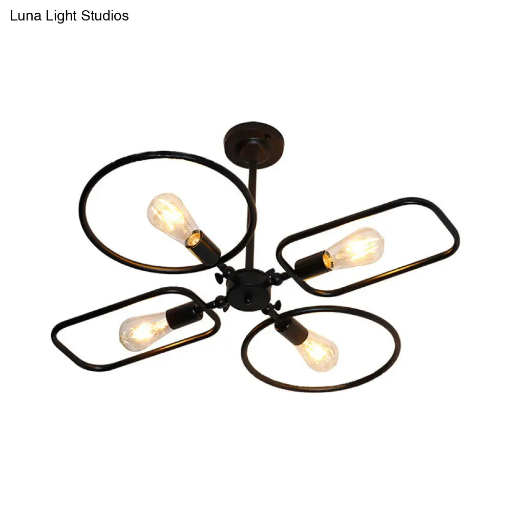 Retro Style Metal Geometric Chandelier Pendant Light - 4-Light Indoor Hanging Fixture in Black