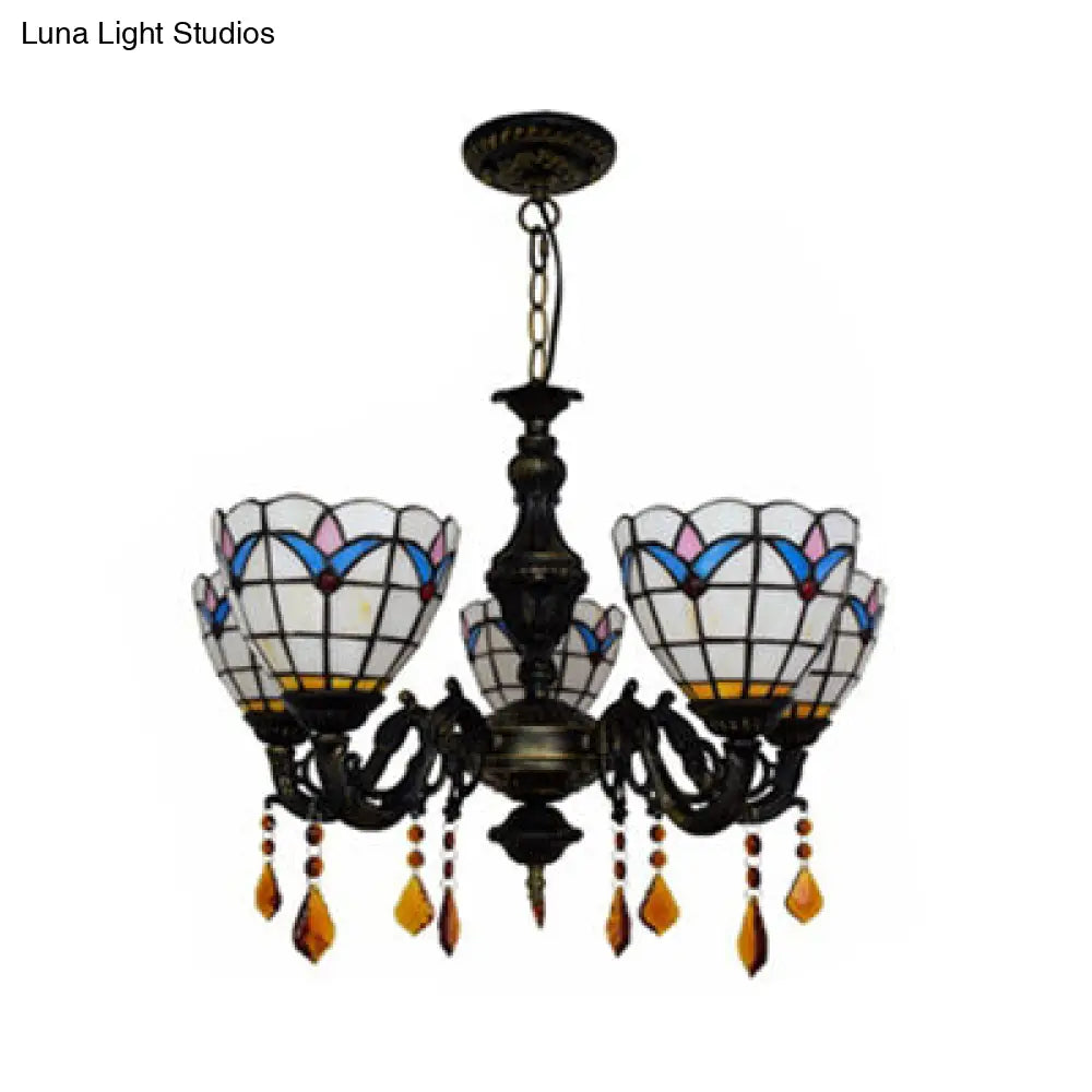 Retro-Style Stained Glass Inverted Chandelier: Domed Design, 5 Lights, Tulip Pattern