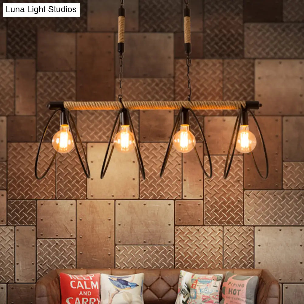 Rijl al Awwa - Open 4 Lights Rope Chandelier Factory Black Finish Open Bulb Restaurant Pendant Light with/without Ring Deco