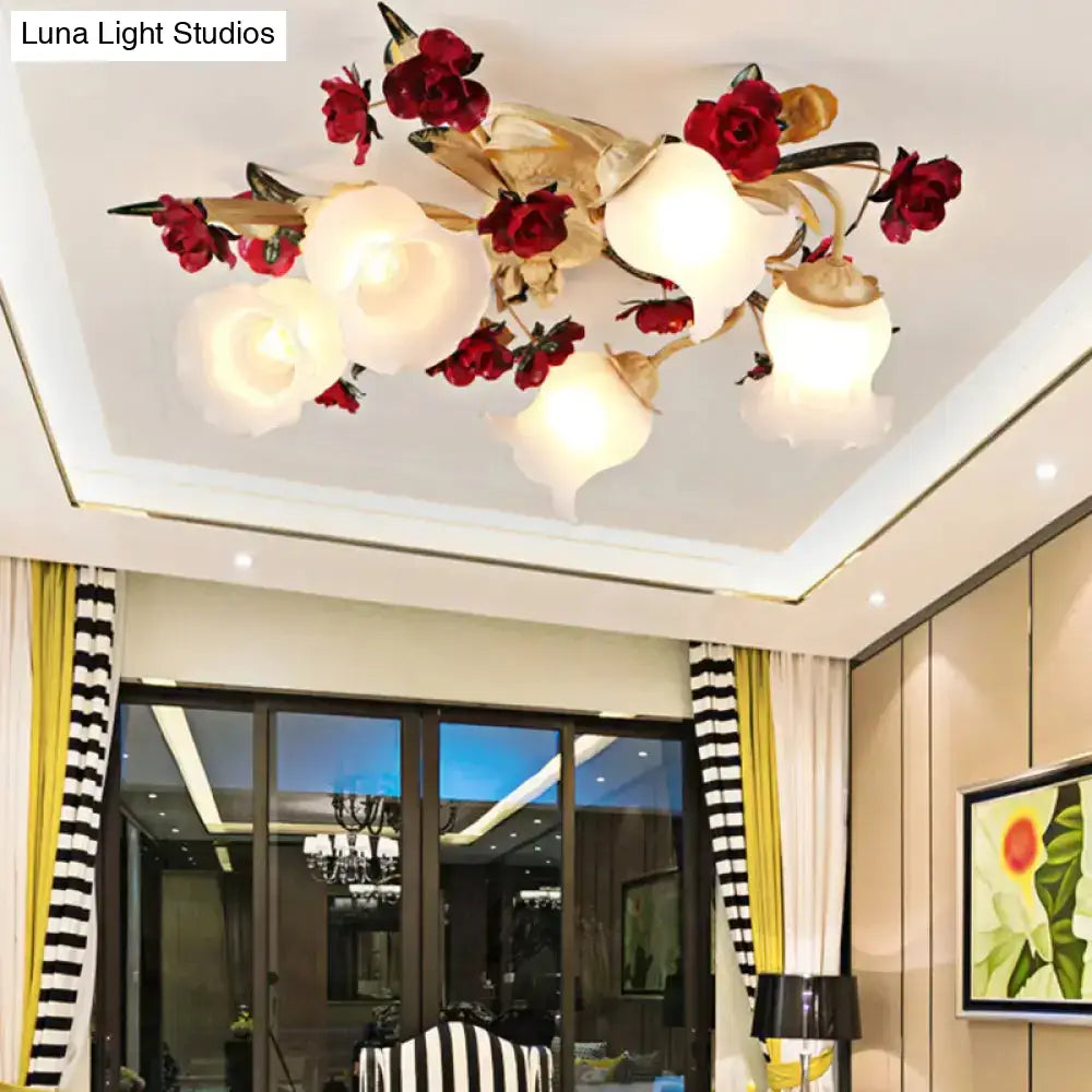 DecorBites™ DecorBites™ Romantic Pastoral Living Room Semi Flush Mount with Flower Frosted Glass Shade in White - 3/5-Light Flush Lamp