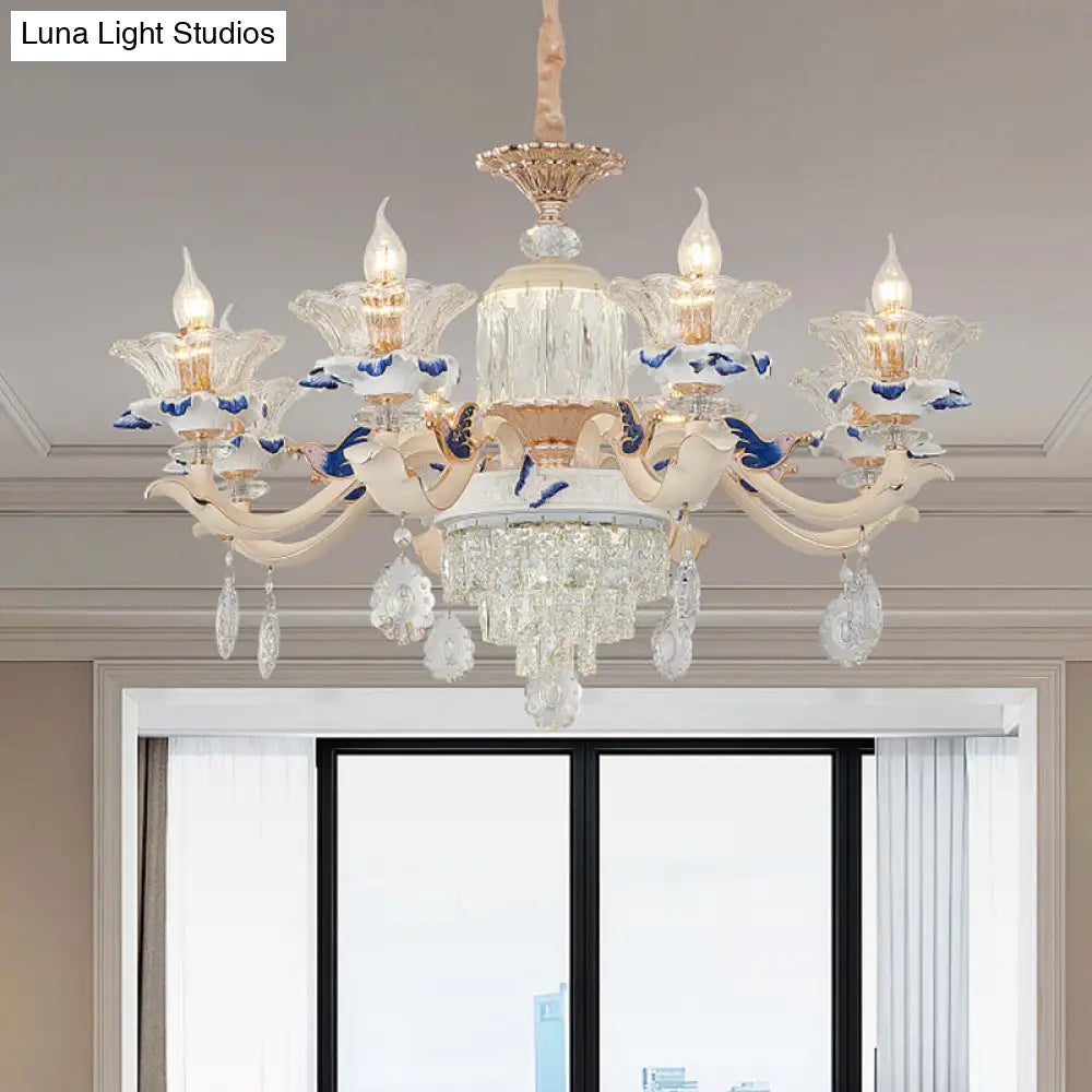 Lámpara colgante de araña de cristal oro rosa - 6/8 luces, diseño moderno floral para dormitorio, boche de cerámica