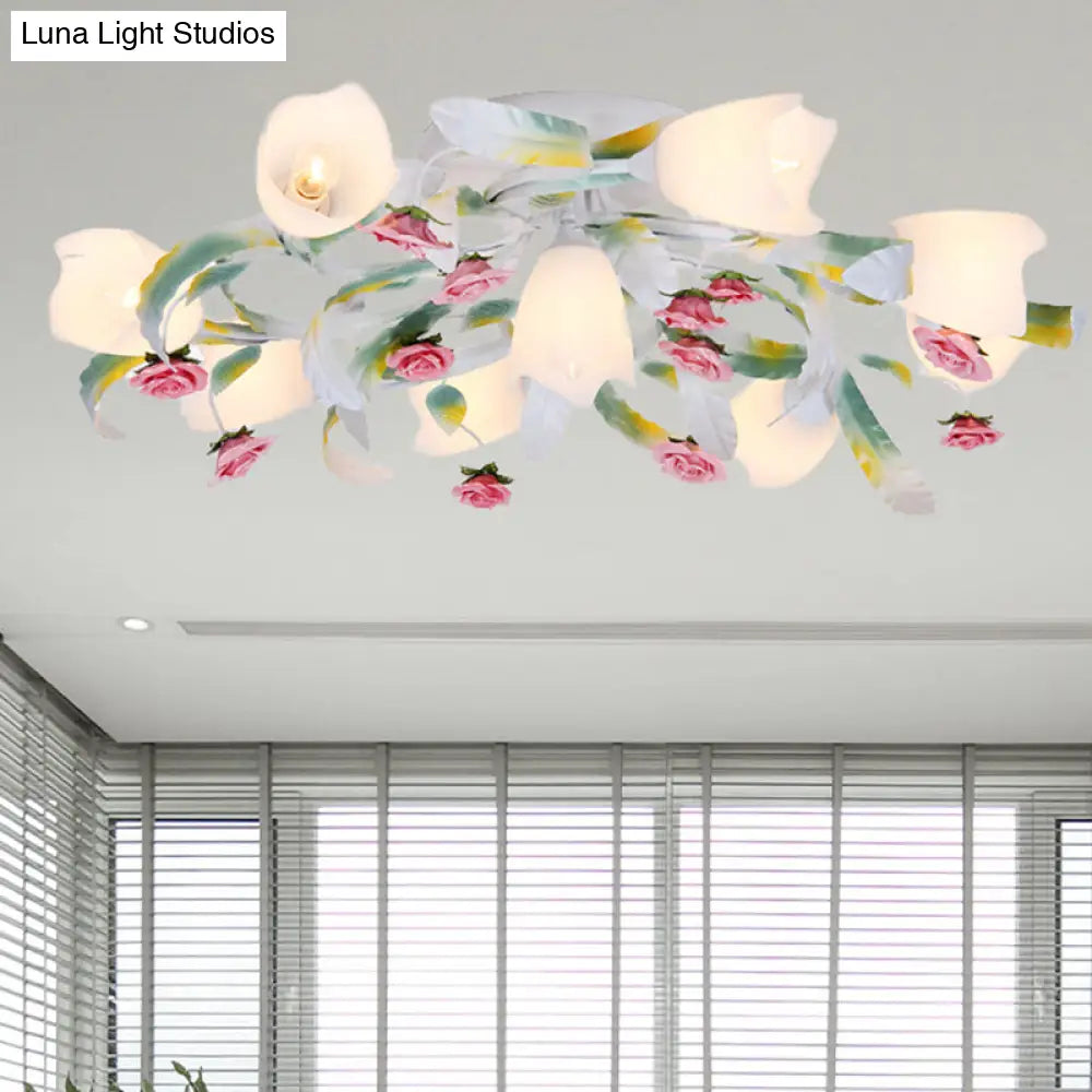 DecorBites™ DecorBites™ Rose Living Room Semi-Flush Mount Pastoral Ceiling Lamp - Green/White, 4/6/9 Heads