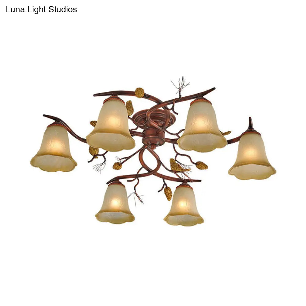 DecorBites™ DecorBites™ Rural Amber Glass 6-Head Semi-Flush Chandelier with Pinecone Decoration for Dining Room Ceiling Light