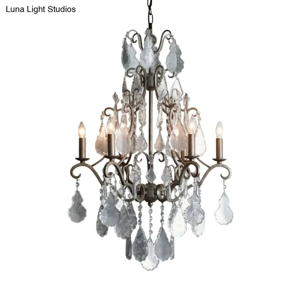 Rural Rust Metal Ceiling Pendant with Swirl Arm Design, 6-Light Candlestick Chandelier featuring Dangling K9 Crystal Accent