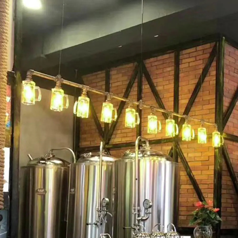 Lámpara colgante de techo DecorBites™ estilo rústico con diseño de jarra de cerveza de cristal transparente en bronce y tubería de agua