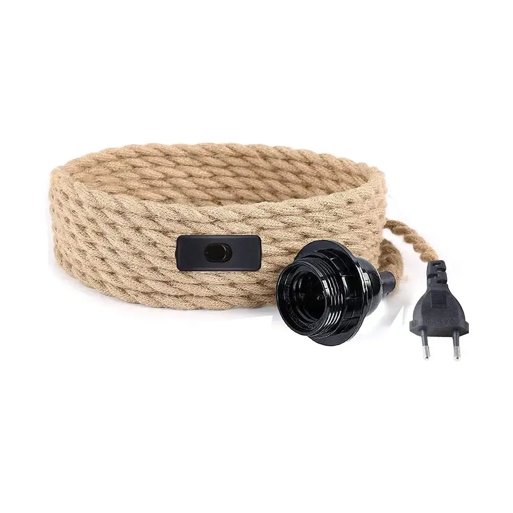 Rustic beige and black hemp rope pendant light cord featuring braided design, bulb socket, switch, and plug for living room