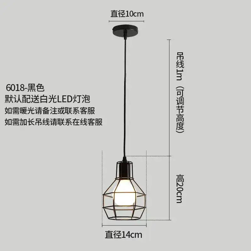 Black metal pendant light with geometric cage design and integrated led bulb featuring rustic black iron and hemp rope