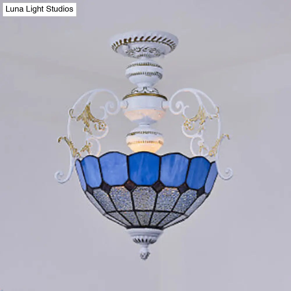 DecorBites™ DecorBites™ Rustic Bowl Ceiling Light Fixture - Stained Glass Semi Flush Light with Square/Blue and Diamond Designs - Black/White Finish