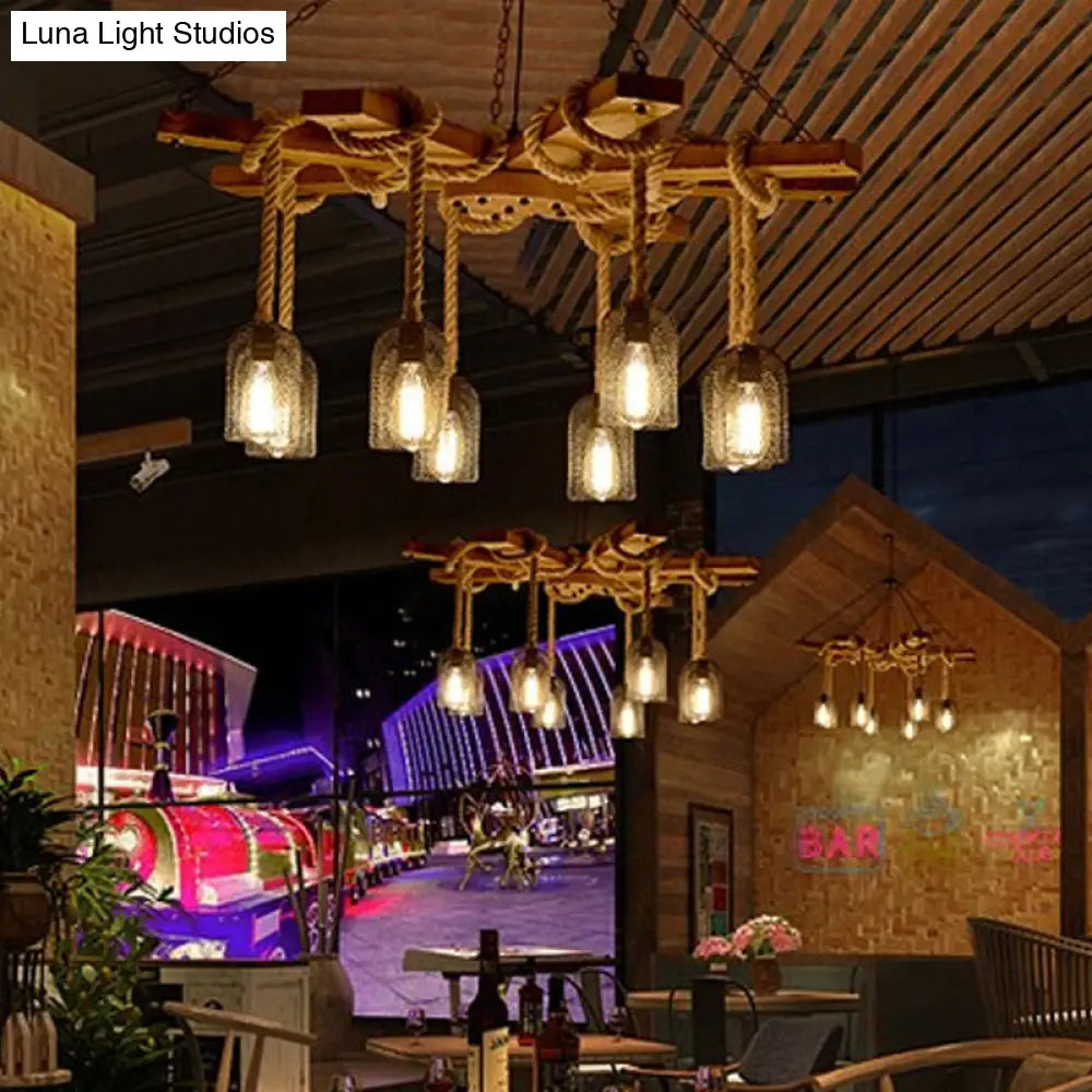 Rustic Caged Dining Room Chandelier Pendant with Retro Metallic Finish - 3/6/8 Lights & Wooden Ceiling Lamp Rope Included