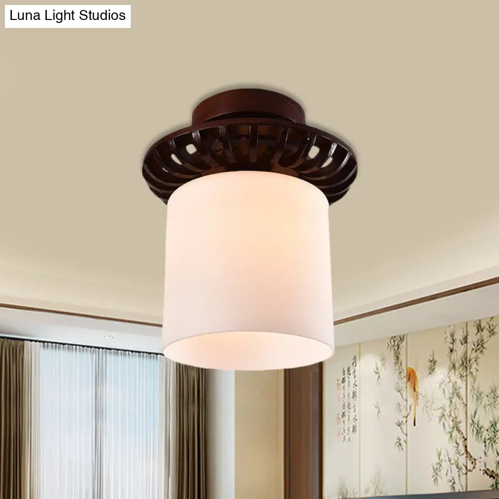 DecorBites™ DecorBites™ Rustic Cream Glass Flush Mount Ceiling Light with Wood Frame - Brown Globe/Square Design