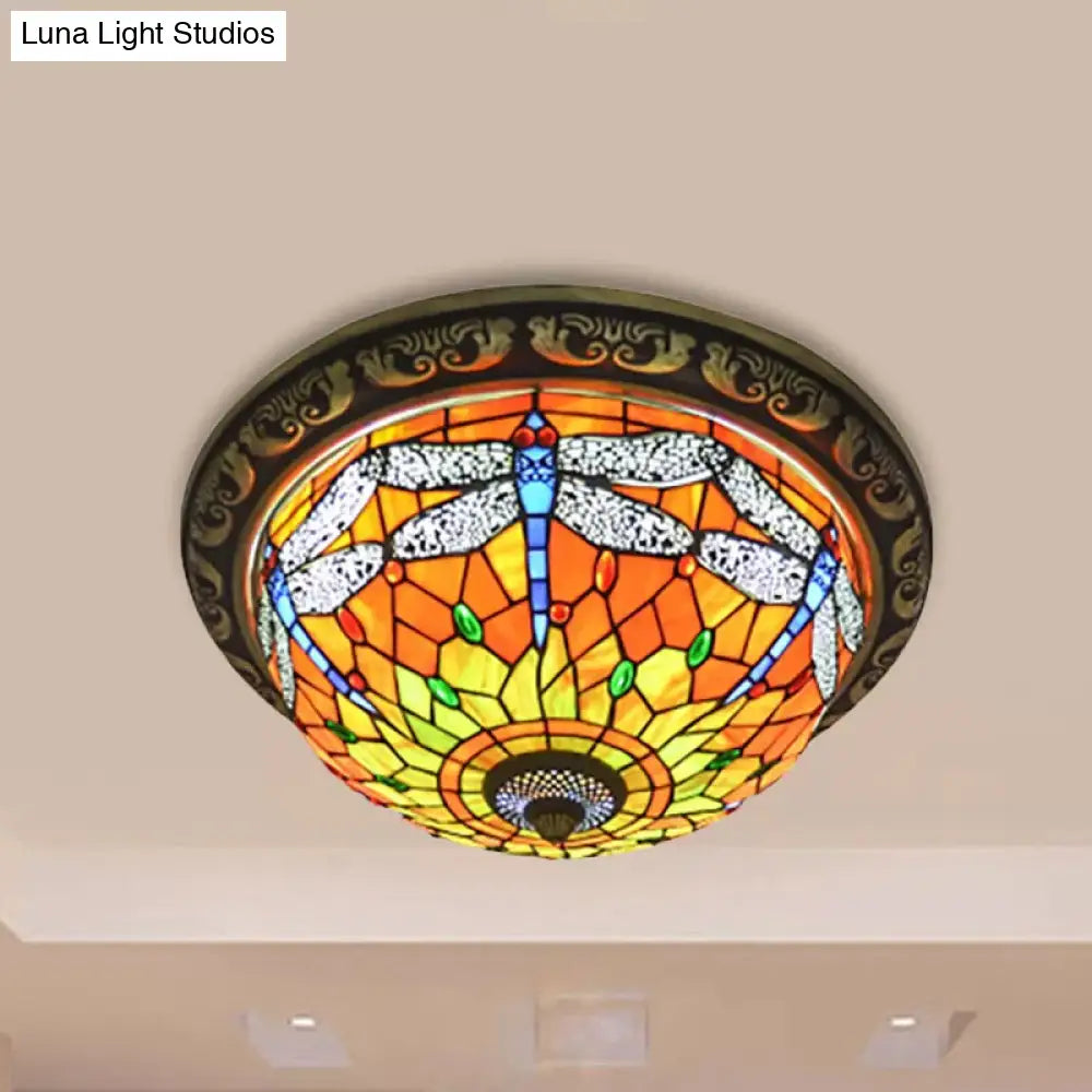 DecorBites™ DecorBites™ Rustic Dragonfly Stained Glass Ceiling Light - 19.5"/15" Width, Orange Indoor Flush Mount
