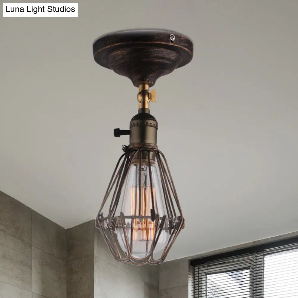 DecorBites™ DecorBites™ Rustic Farmhouse Semi-Flush Iron Cage Bedroom Ceiling Light in Rust/Aged Silver