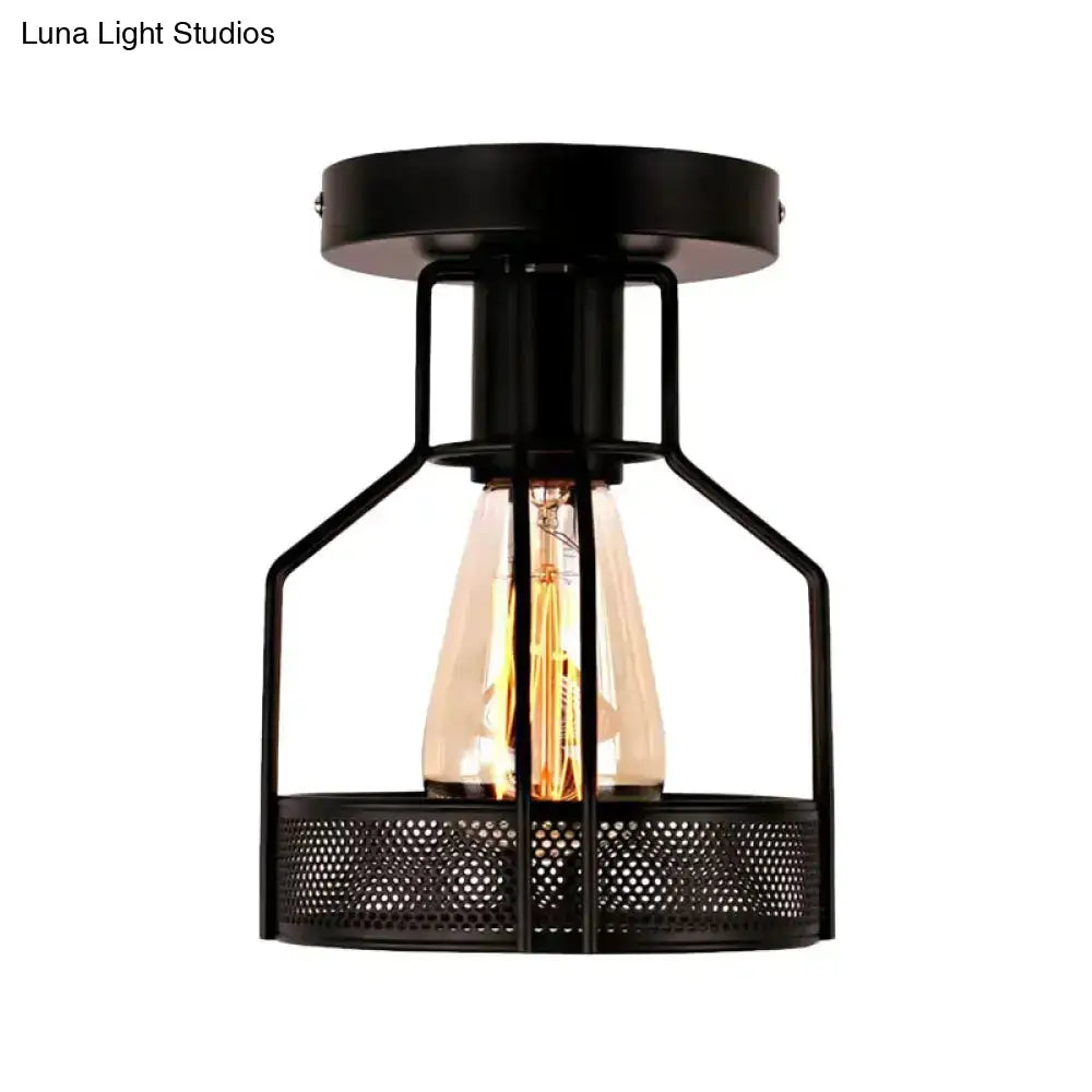 DecorBites™ DecorBites™ Rustic Iron Bistro Semi Flush Mount Lamp - Black Ceiling Light with Mesh Detail
