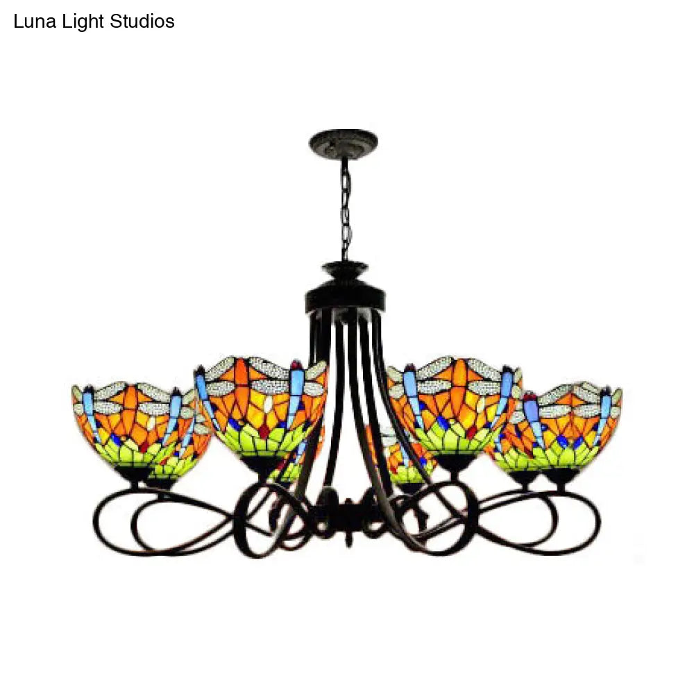 Rustic Lodge Stained Glass Dragonfly Chandelier with 5/8 Suspension Lights: Perfect for Stairways