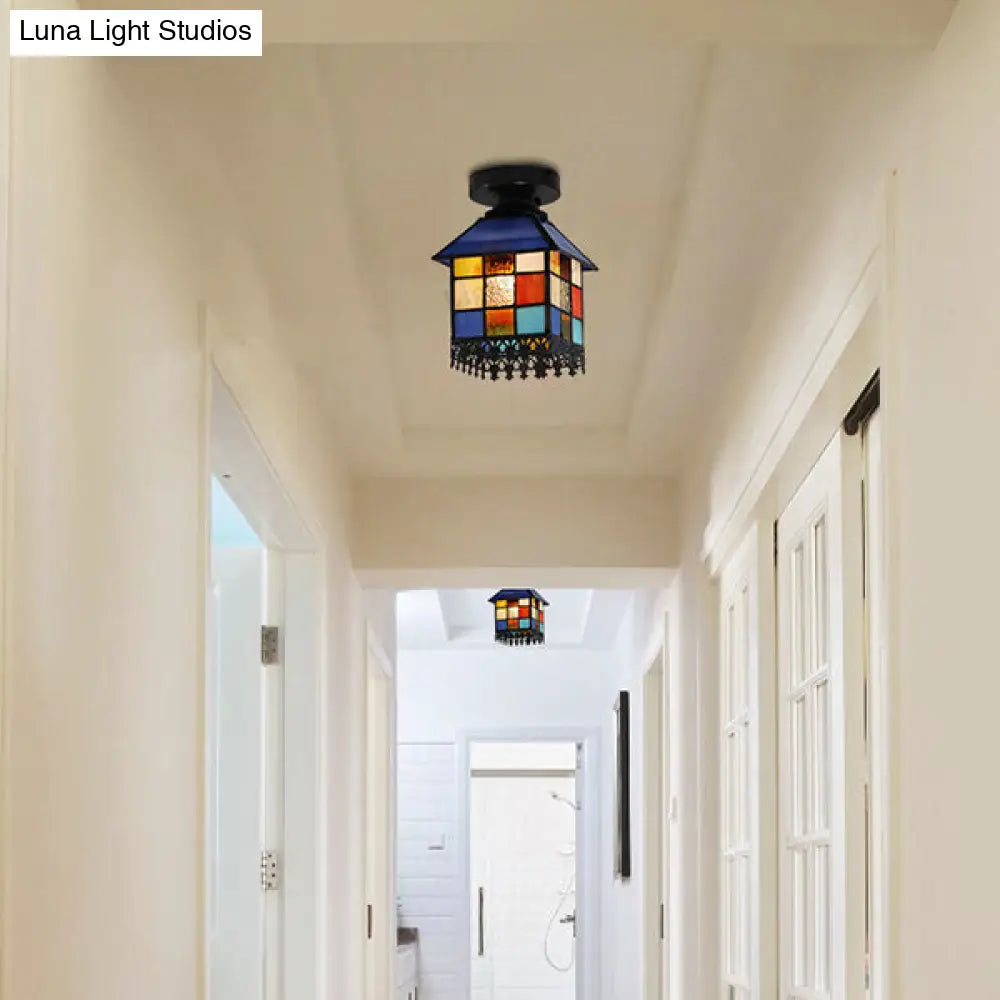 DecorBites™ DecorBites™ Rustic Lodge Stained Glass Flush Mount Lamp - 1-Head House Flush Lighting in Black/Blue/Brass