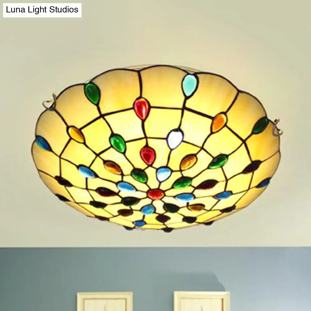 DecorBites™ DecorBites™ Rustic Loft Stained Glass Flush Mount Light in Beige/Yellow - 12"/16"/19.5" Diameter - Bedroom Ceiling Fixture with Jewel Decoration