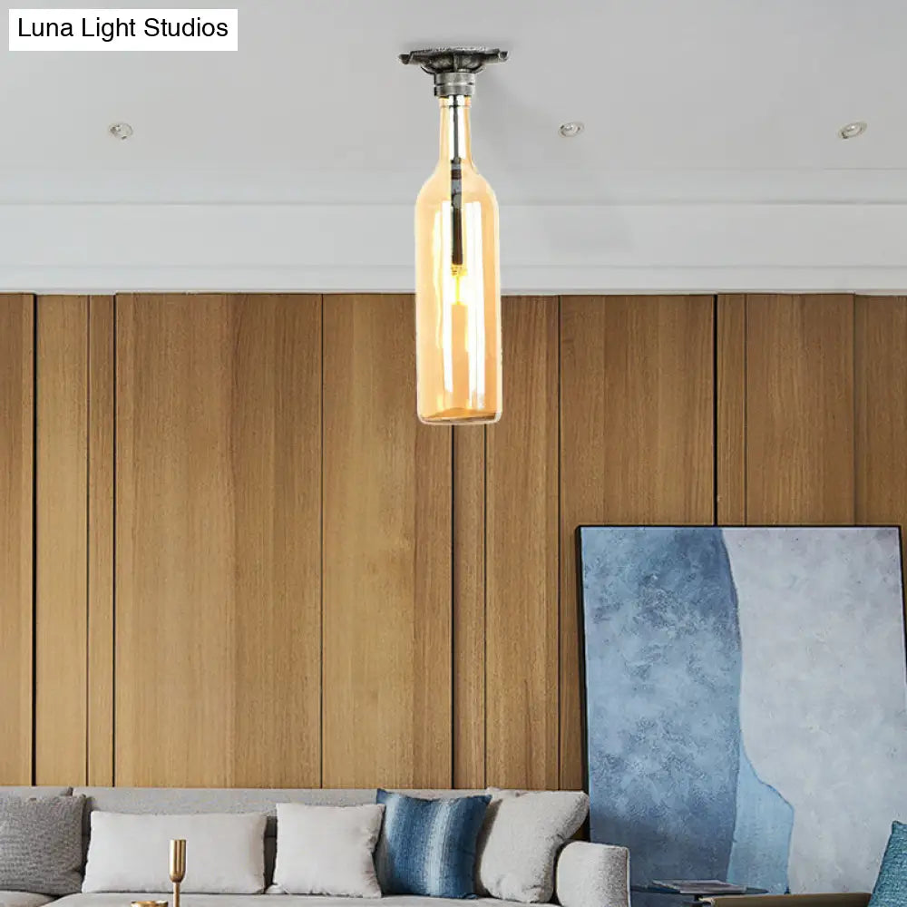 DecorBites™ DecorBites™ Rustic Semi Flush Bottle Glass Ceiling Light Fixture with Brown/Blue Shades for Corridor