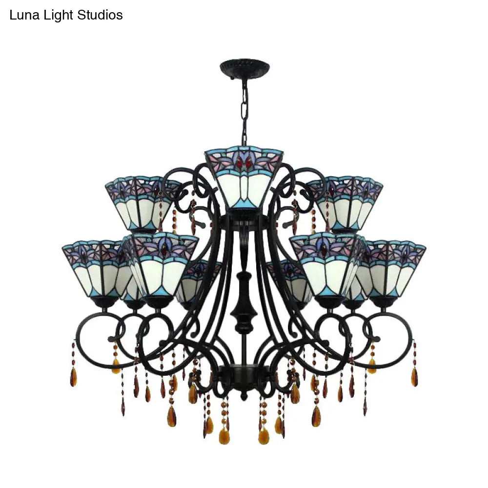 Rustic Stained Glass 11-Light Chandelier with Crystal for Stairway