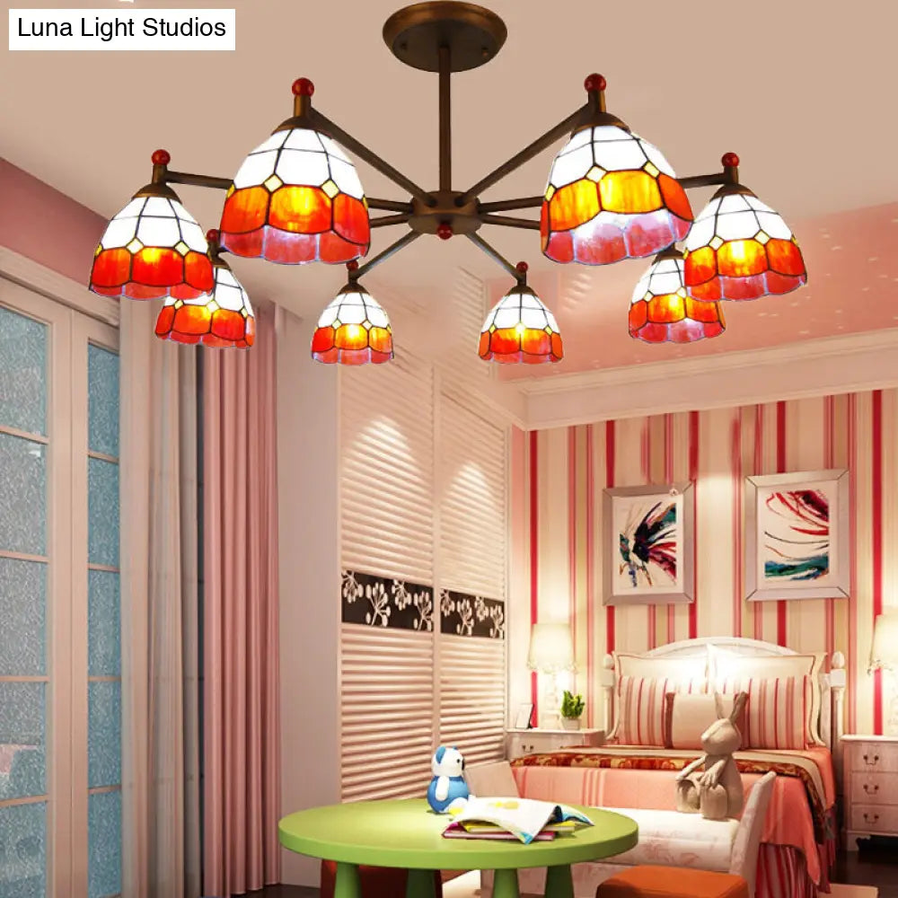 Rustic Stained Glass Dome Hanging Pendant Chandelier Light - 8 Lights - Red/Blue/Yellow – Bedroom Lighting