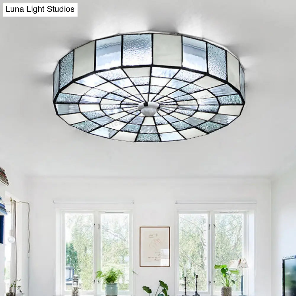 DecorBites™ DecorBites™ Rustic Stained Glass Flushmount Ceiling Light - Round 1-Light Fixture in Blue/White for Bedroom
