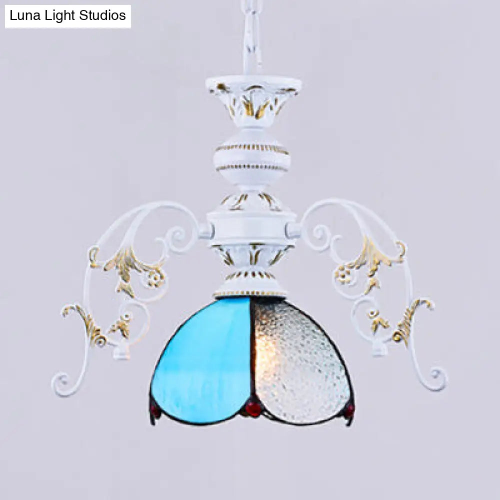 Rustic Stained Glass Scalloped Ceiling Pendant Light - Adjustable 1-Light Hanging Fixture in Clear/Blue for Balcony