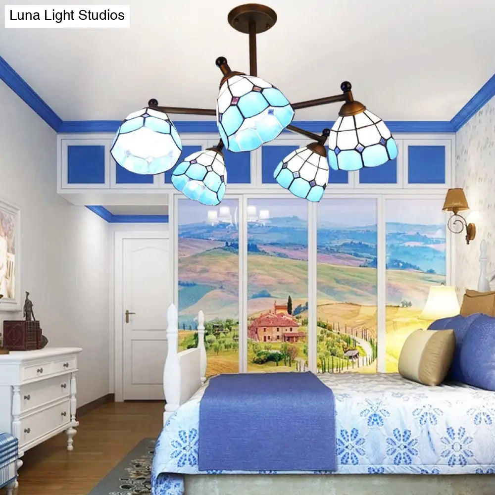 Rustic Stained Glass Semi-Flush Ceiling Light with 5 Blue/Red/Yellow Lights for Living Room