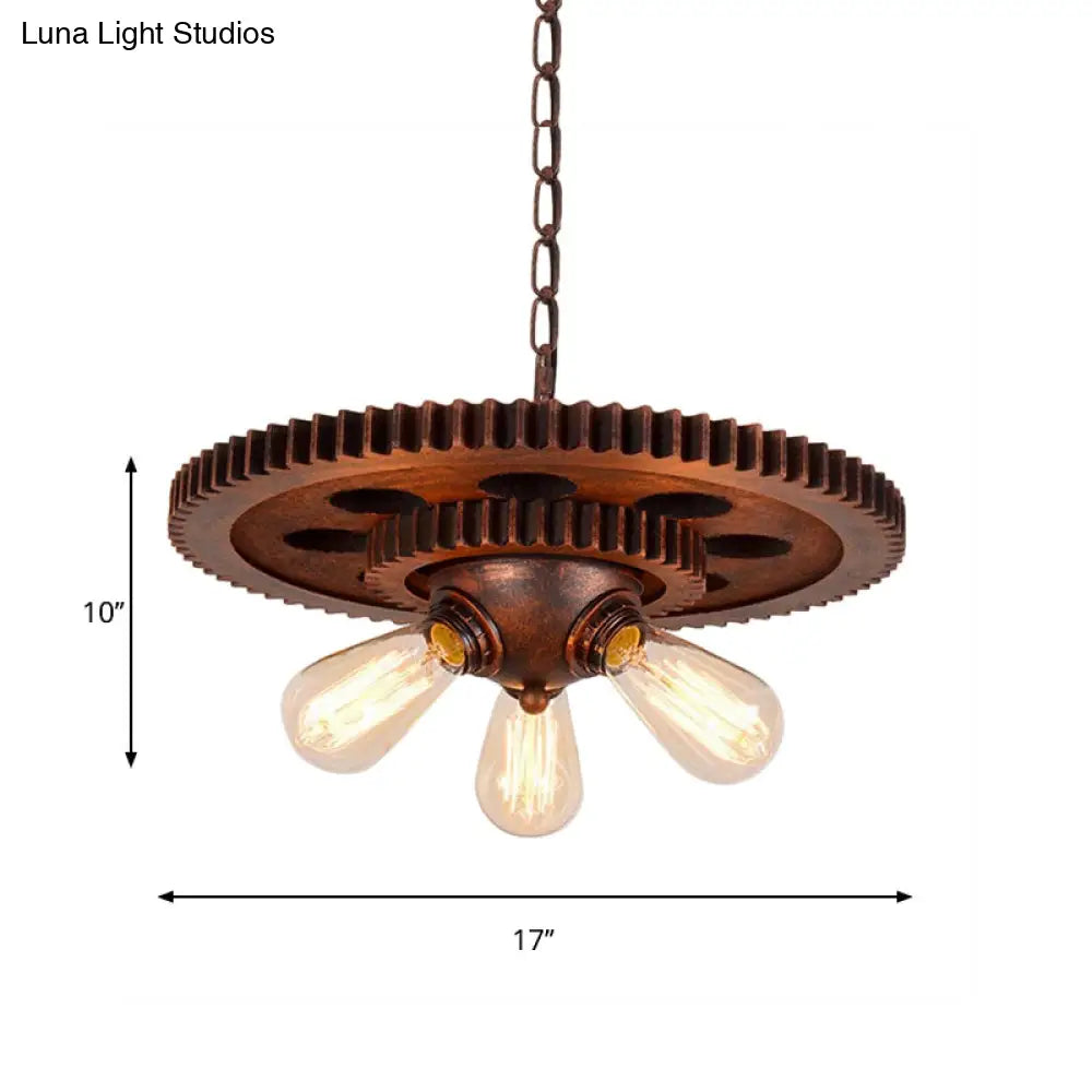 Rustic Weathered Copper Chandelier with Open Bulb and Gear Design – Perfect for Retro Restaurant Pendant Lighting – 3 Lights