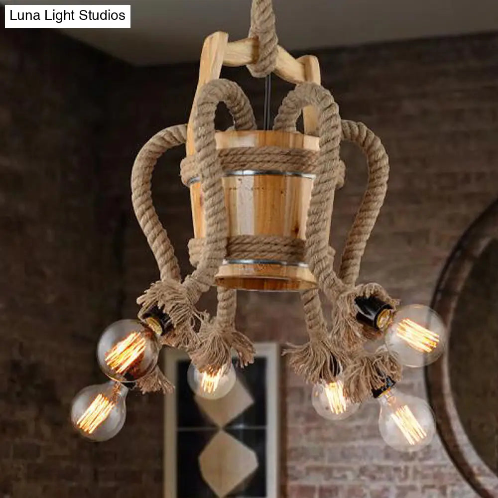 Rustic Wood Chandelier – 6-Light Farmhouse Rope Ceiling Fixture for Dining Room
