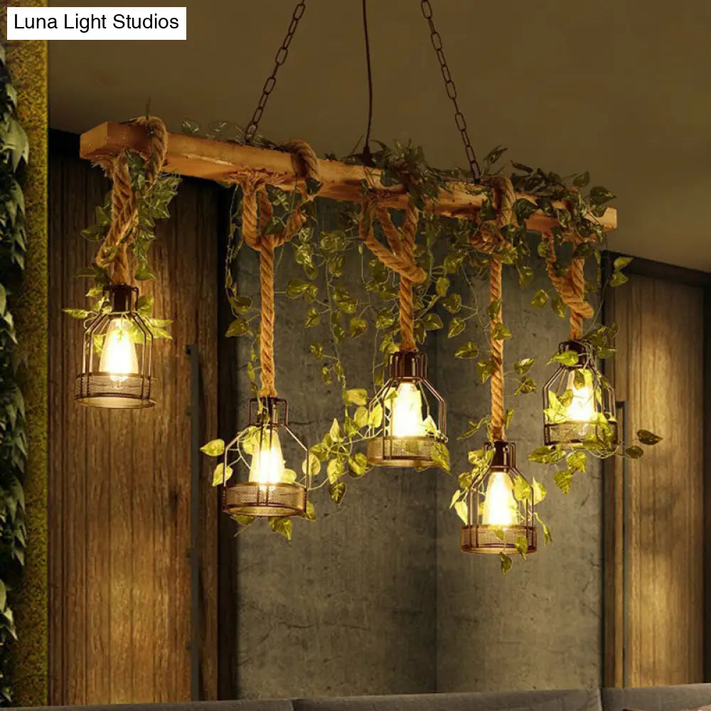 ديكوربايتس™ مصباح جزيرة بني خشبي ريفي مع 5 رؤوس، وغطاء قفص، وقلادة فنية خضراء من اللبلاب