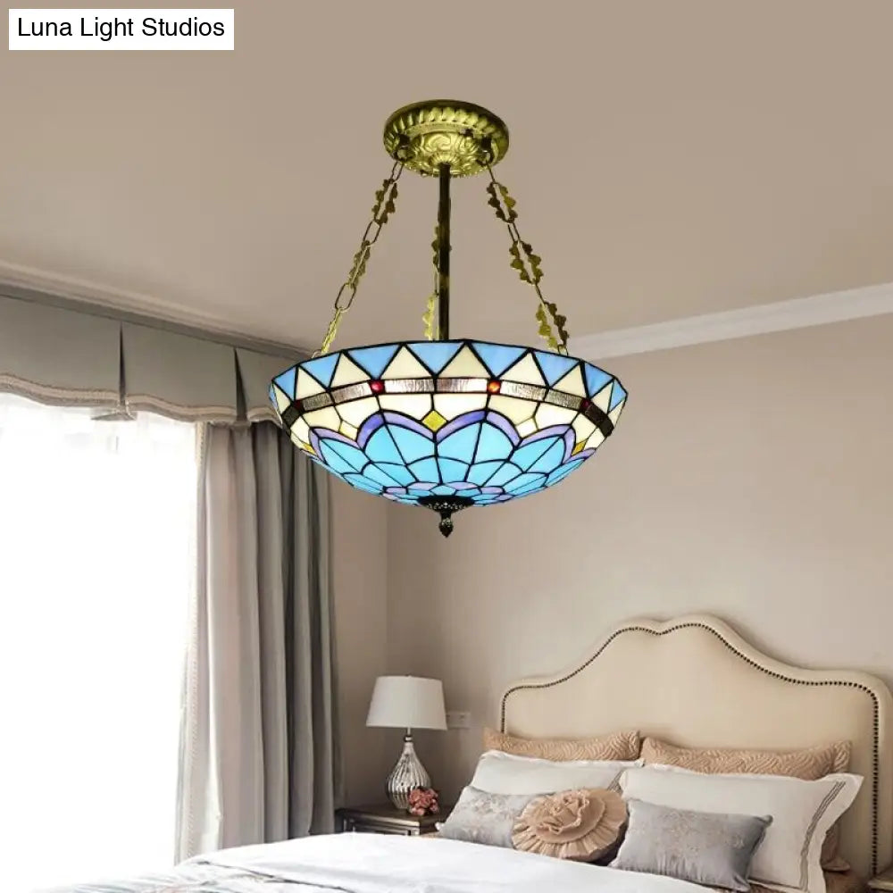 DecorBites™ DecorBites™ Scalloped Edge Baroque Style Glass Bowl Chandelier Light in Blue/Sky Blue, 12"/16"/19.5"/23.5" W, Brass Hanging Light