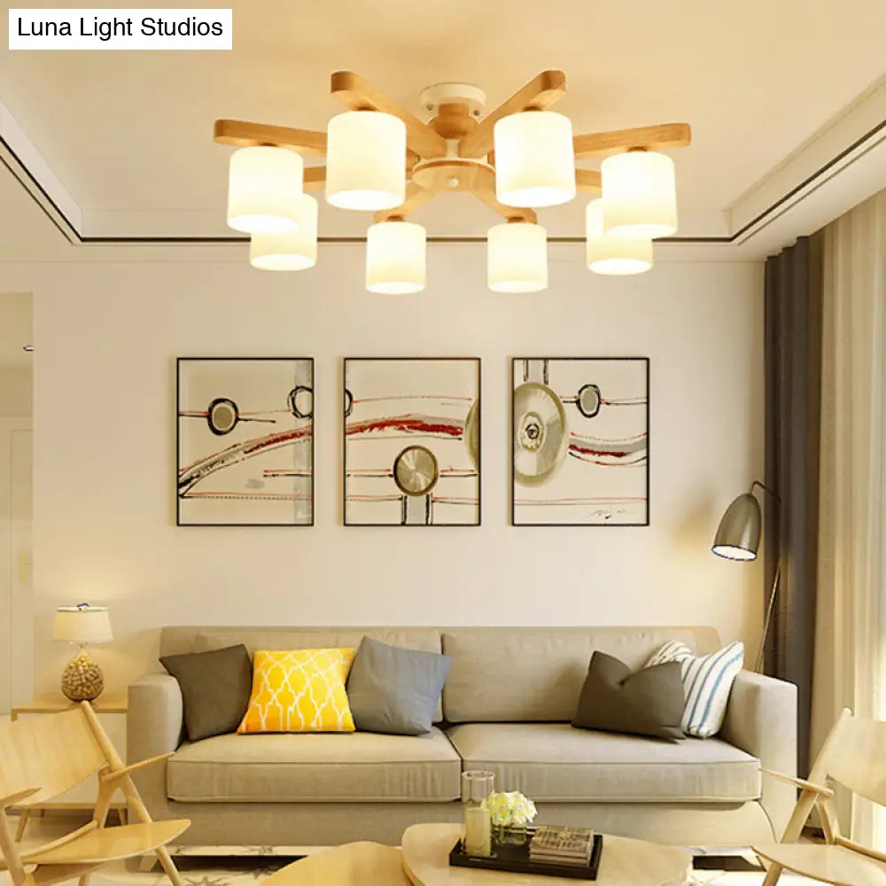 DecorBites™ DecorBites™ Semi Flush Japanese Cream Glass Ceiling Mount Chandelier - Wood Finish