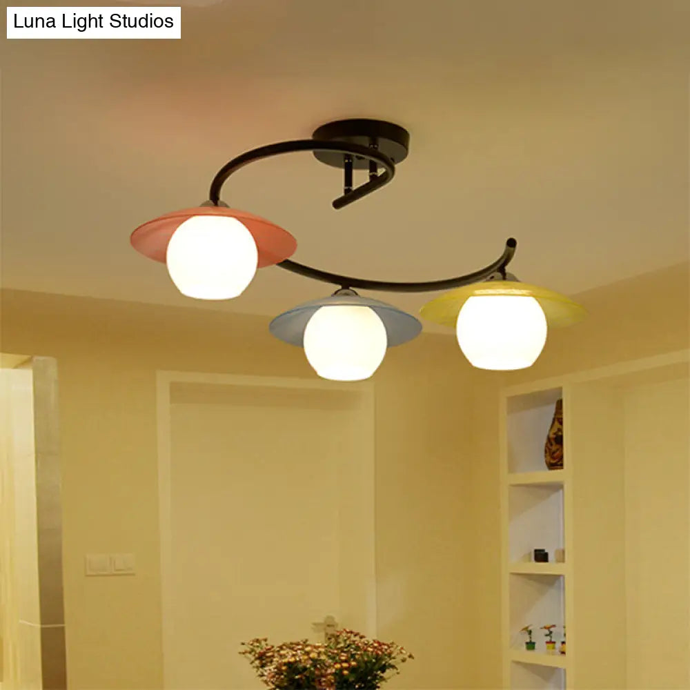 Lámpara de techo semiempotrada DecorBites™ con pantalla Global y cristal modernista rojo-amarillo-azul - Diseño en espiral negra, 3 cabezales