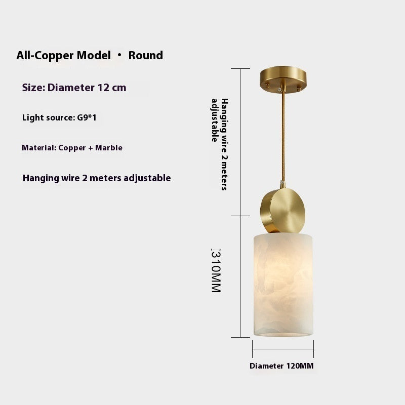 Gold and white marble pendant light with adjustable hanging wire, all-copper model.