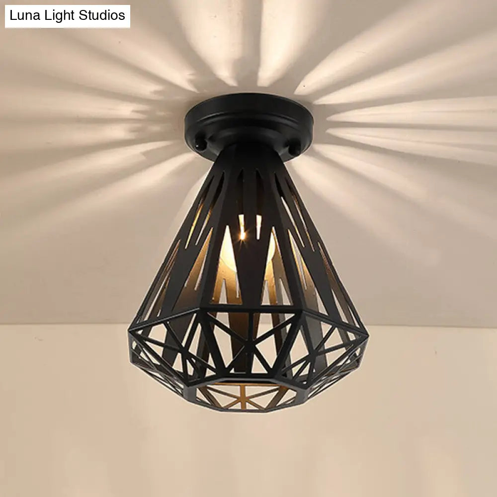 DecorBites™ DecorBites™ Simple Small Diamond Cage 1-Light Flush Mount Iron Ceiling Light in Black/White