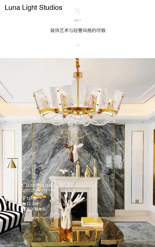Simplicity Crystal Chandelier with Beaded Pendant - Brass Finish, 6/8 Heads - Ideal for Living Room - Panel Shade Included