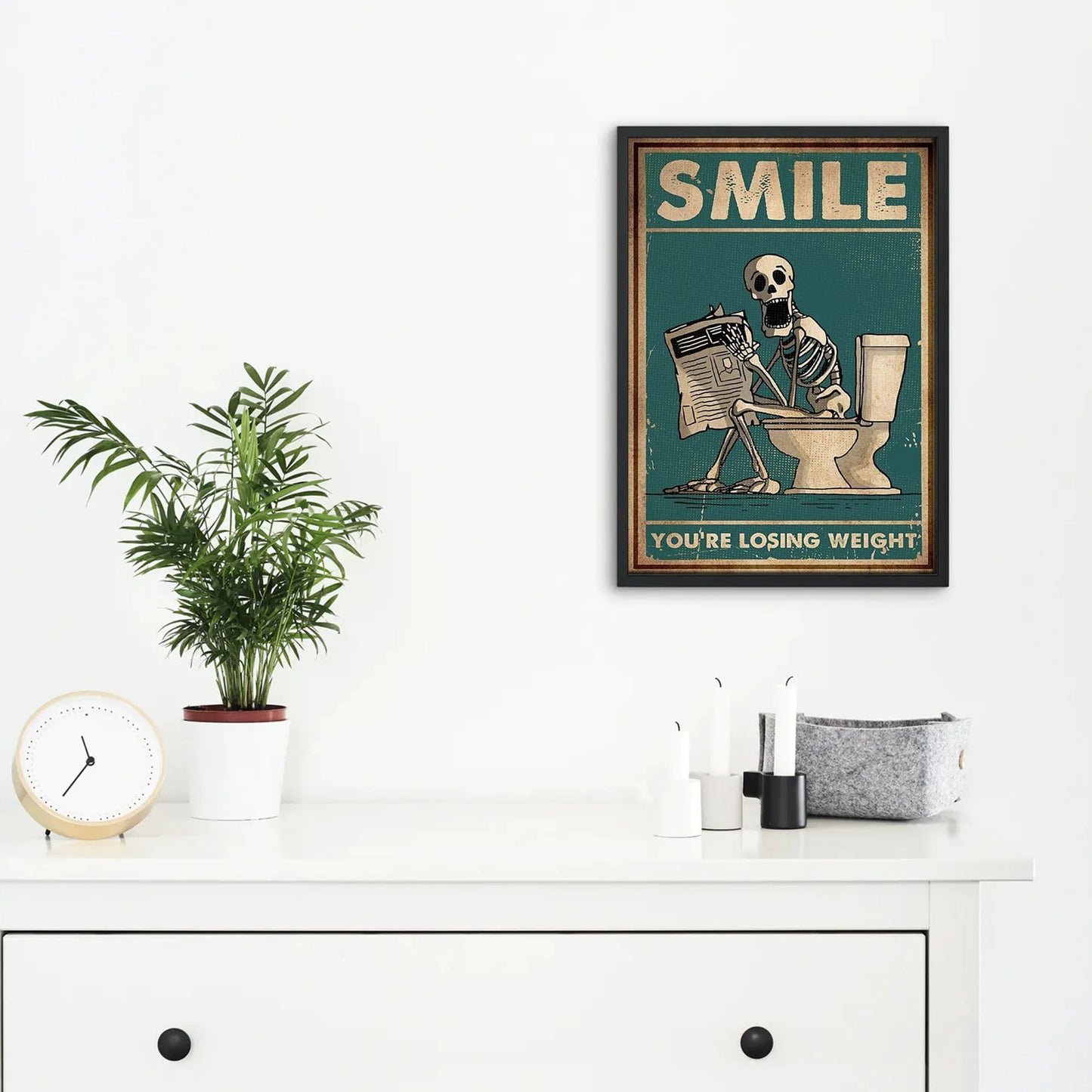 Skeleton Man Squatting Toilet Canvas Wall Art - Posters