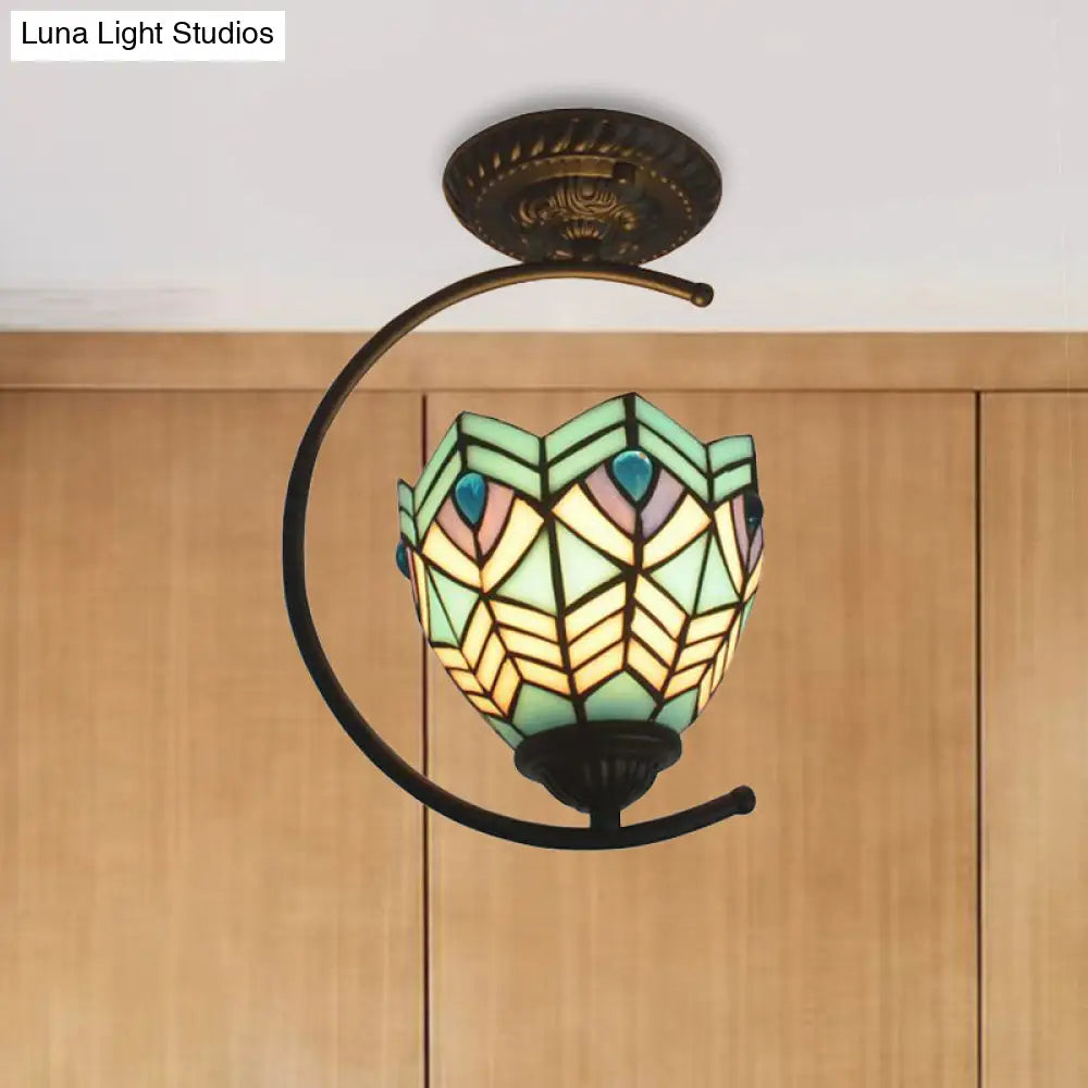 DecorBites™ DecorBites™ Sky Blue Tiffany Glass Semi Flushmount Ceiling Lamp - Bedroom Grid Dome Art Light