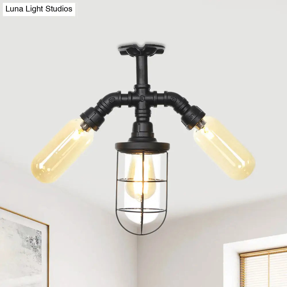 DecorBites™ DecorBites™ Sleek 3-Head Foyer Semi Flush Mount in Black with Clear Glass Ball/Capsule and Cage
