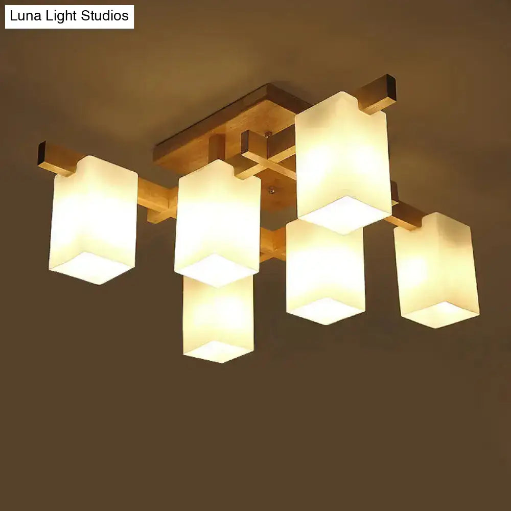 DecorBites™ DecorBites™ Sleek 6-Light Frosted Glass Cuboid Ceiling Light with Wood Arm