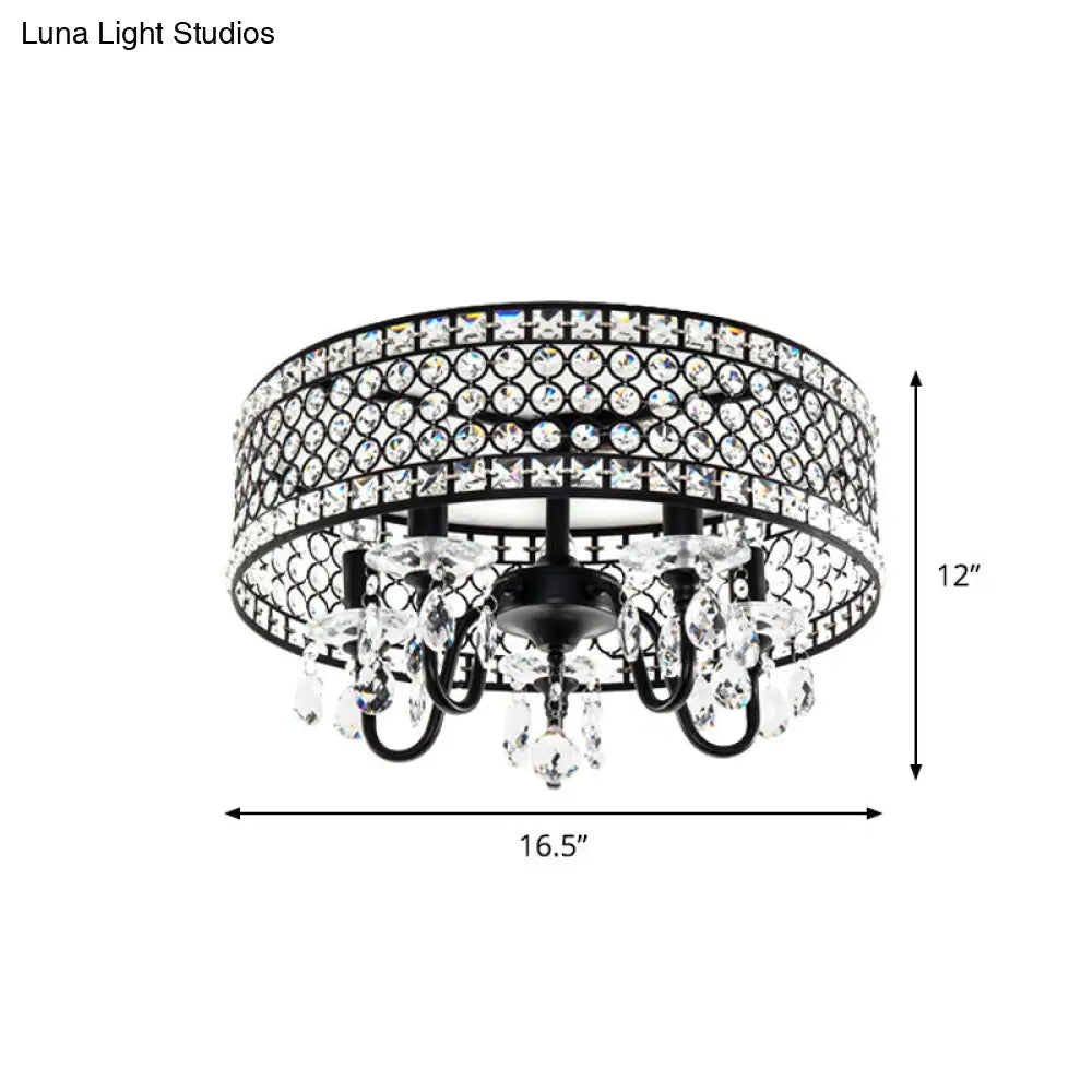 DecorBites™ DecorBites™ Sleek Black Metal Flush Mount Light with Crystal Drum Shade - Modern 4 Bulb Semi Flush Lamp