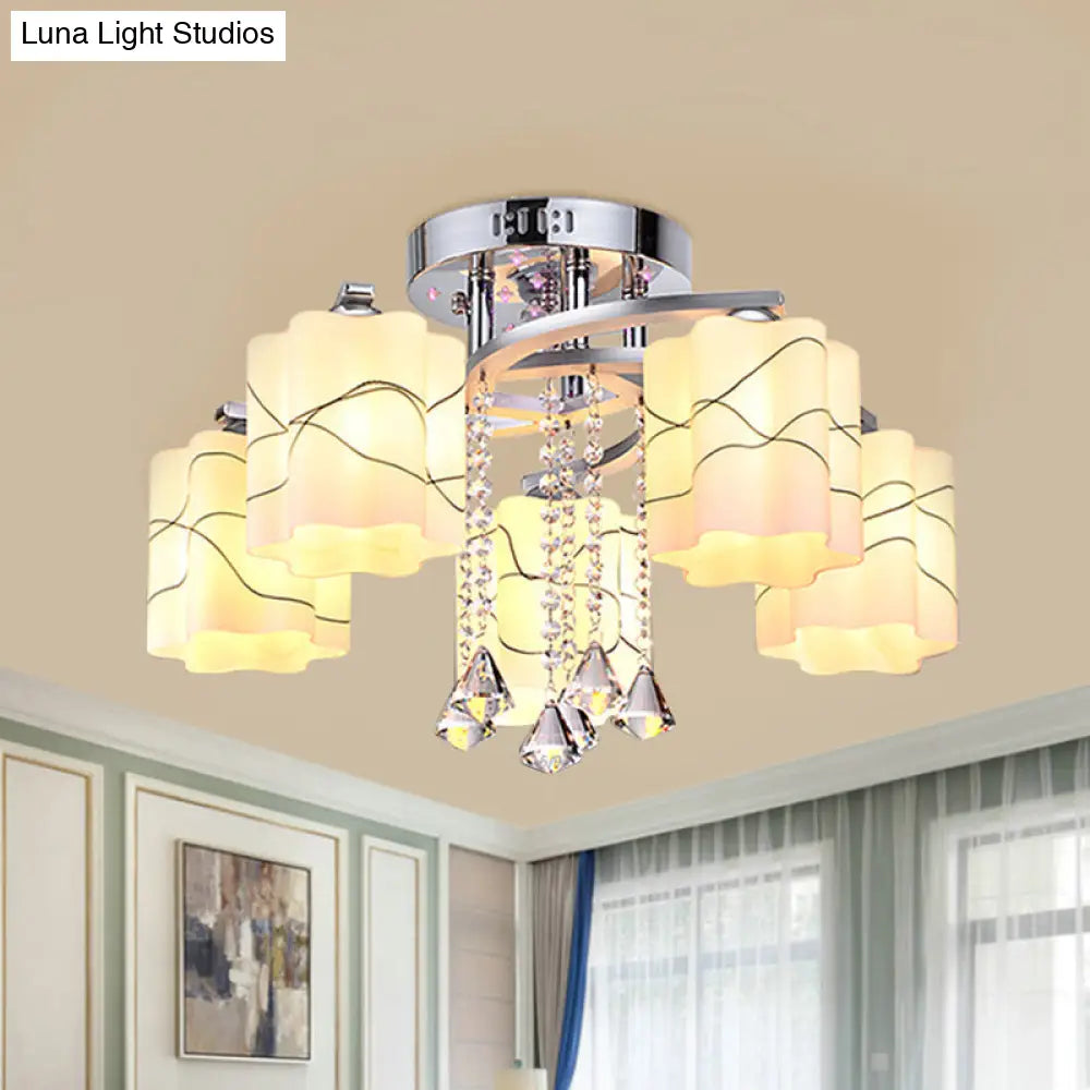 DecorBites™ DecorBites™ Sleek Chrome Ceiling Flush Mount with Frosted Glass Scalloped Semi Flush Design & Crystal Drop - 3/5 Bulbs