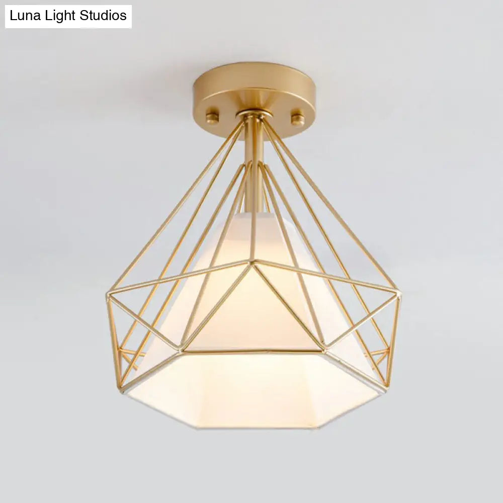 DecorBites™ DecorBites™ Sleek Iron Diamond Cage Semi Flush Ceiling Light Fixture – Ideal for Corridors and Simplicity-Loving Spaces