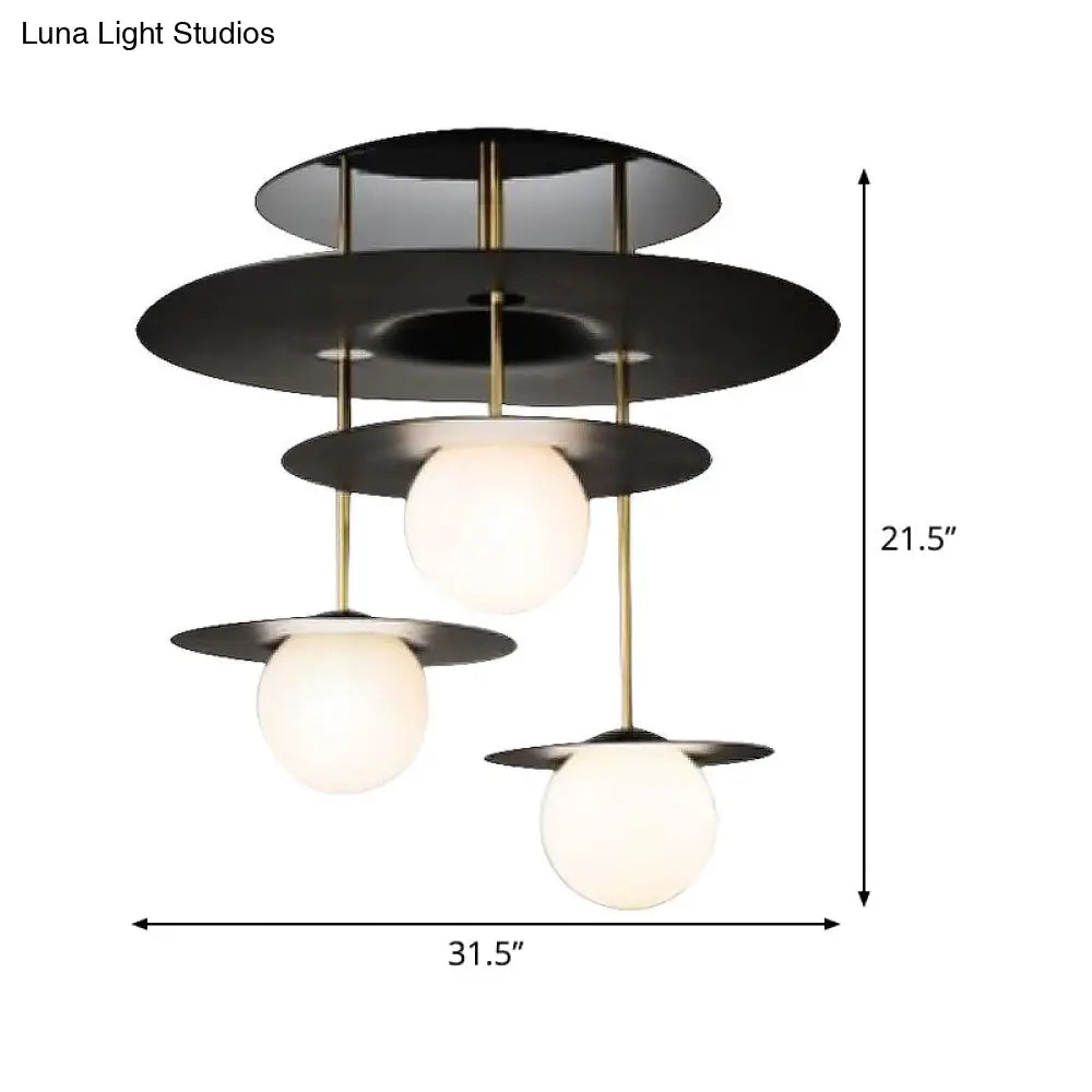DecorBites™ DecorBites™ Sleek Metal Disk Flush Light Fixture with Modernist Design - 3 Bulbs, Black Semi Flush Mount Ceiling Lamp, White Glass Shade