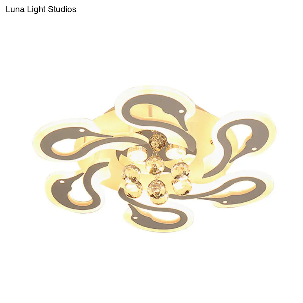 DecorBites™ DecorBites™ Sleek Swan Shape Semi Mount LED Flush Ceiling Lamp with Crystal Droplet - Modern Acrylic, 6-Heads, White Finish