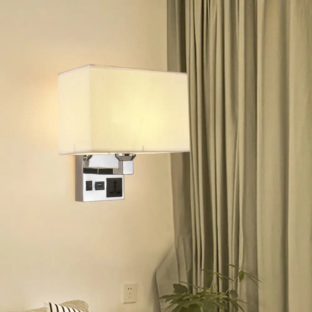 DecorBites™ DecorBites™ Sleek White/Flaxen Wall Lamp: Simplicity Single Fabric Sconce Light with Wall Socket and USB Port