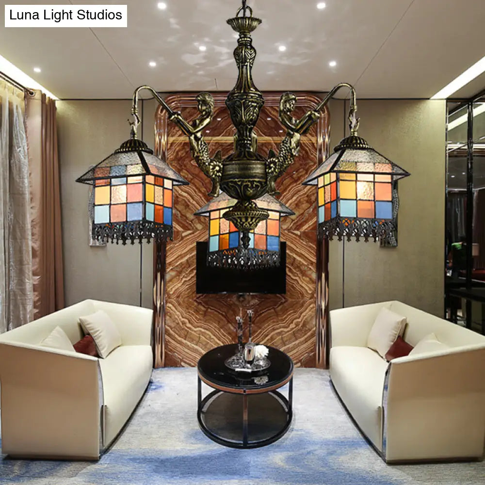 Small House Pendant Chandelier - Stained Glass Tiffany Hanging Fixture with 3 Clear/Blue Lights