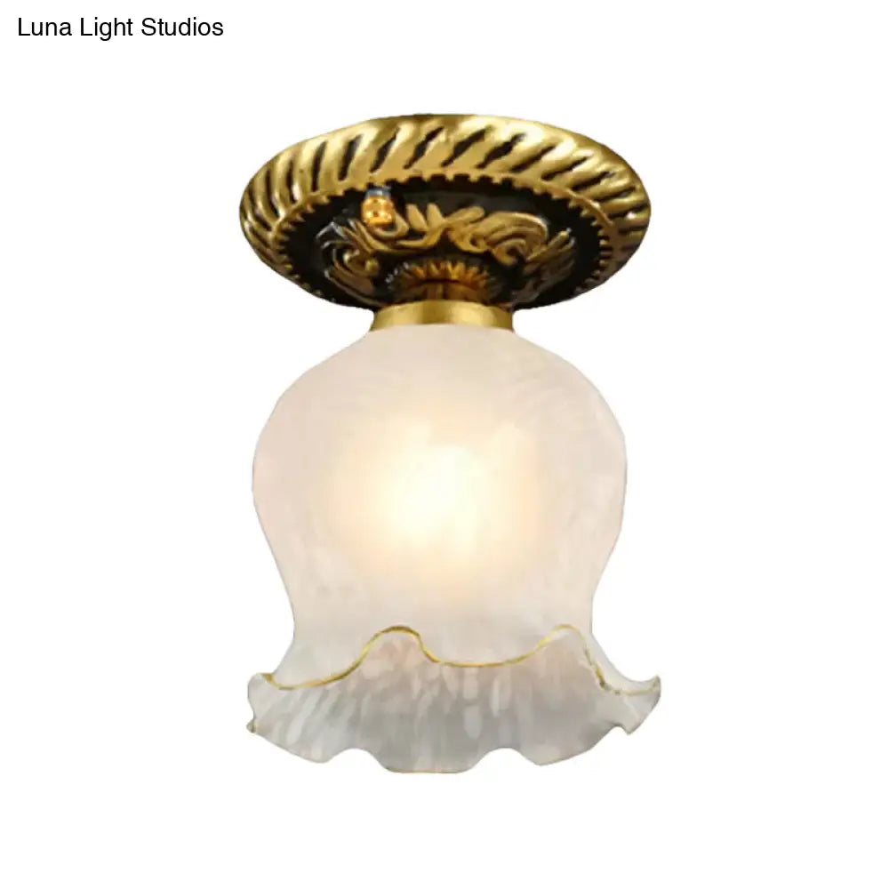 DecorBites™ DecorBites™ Small Rustic Brass Floral Flushmount Ceiling Light for Hallway - Frosted White Glass